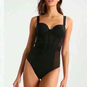 DKNY Sheer Strapless Cupped Bodysuit Black sheer waist Size 36C NWOT $80
